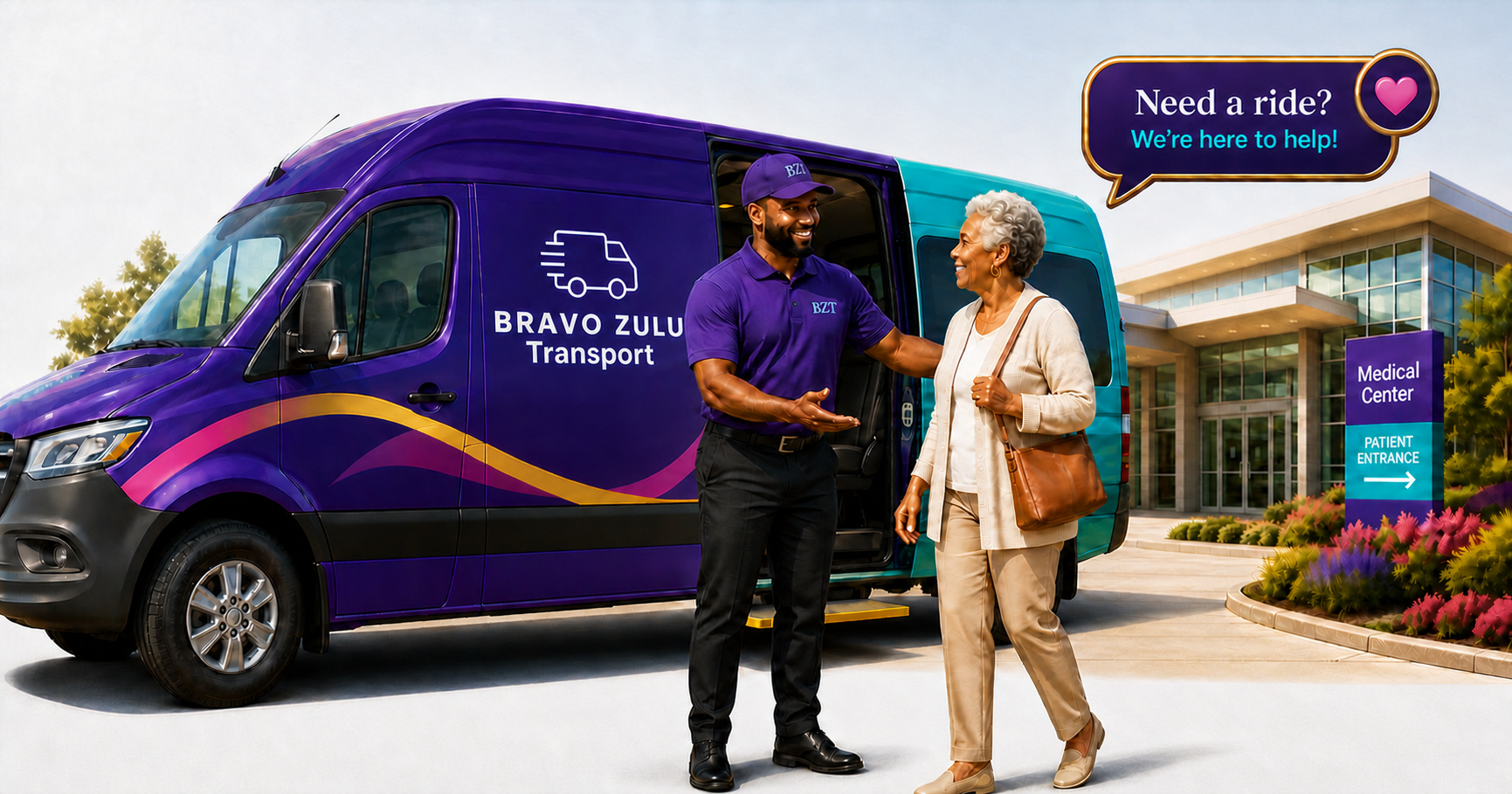 Bravo Zulu driver and passenger arriving for a medical appointment beside a branded vehicle